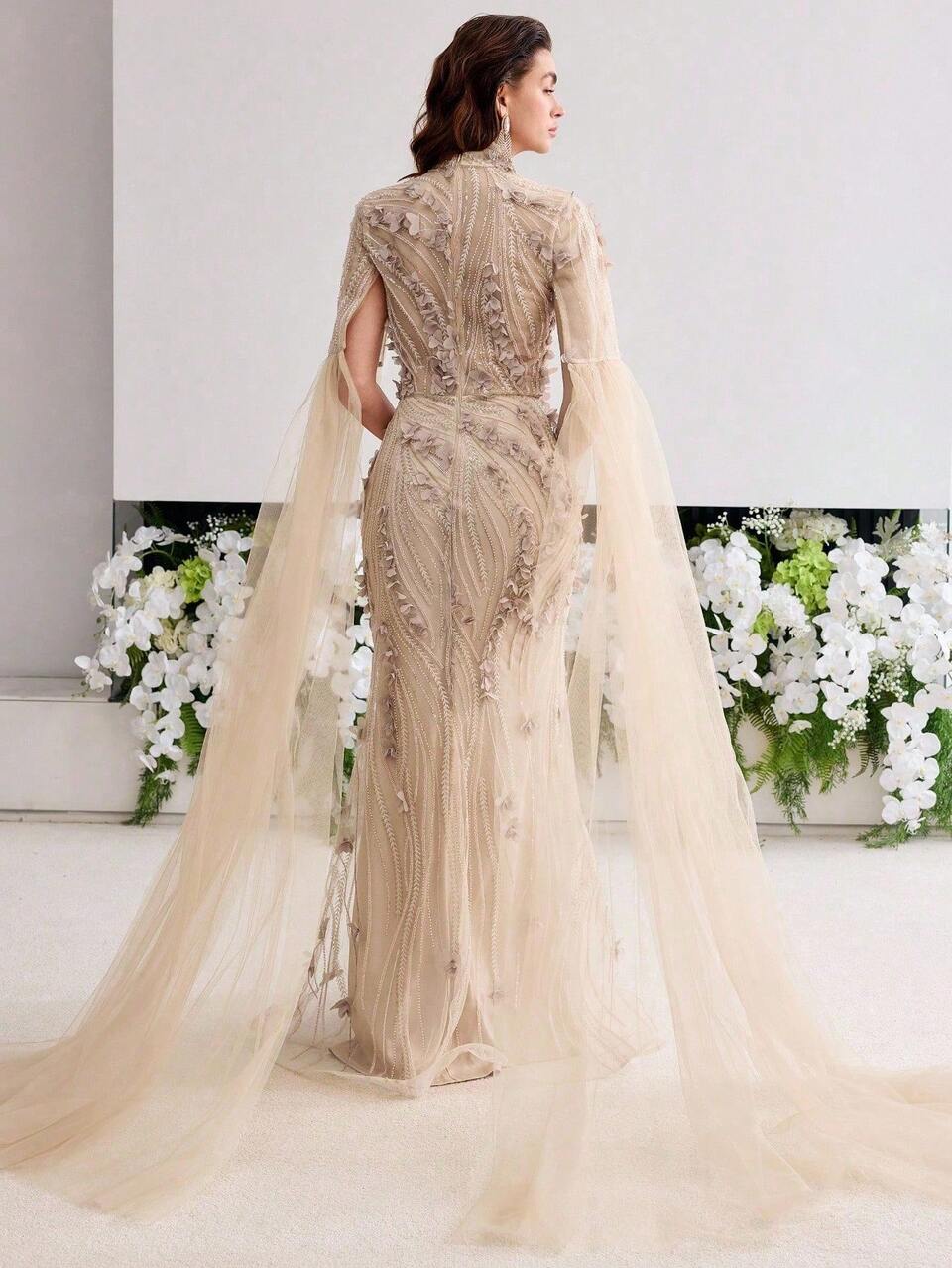 MOTF Soiréza GORGEOUS EXTRA-LONG SLEEVES FLORAL APPLIQUE SPLIT THIGH BEADED FORMAL DRESS EVENING GOWN