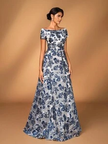 Serin 优雅奢华提花欧根纱露肩花卉长裙，适合婚礼、派对、度假、舞会、新娘和母亲的晚礼服 - 藏蓝色 - 查看 1