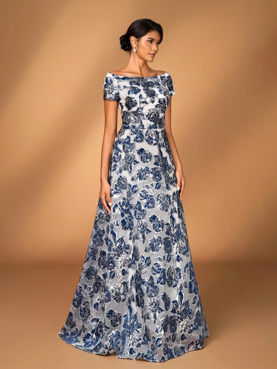 Serin 优雅奢华提花欧根纱露肩花卉长裙，适合婚礼、派对、度假、舞会、新娘和母亲的晚礼服 - 藏蓝色 - 查看 1