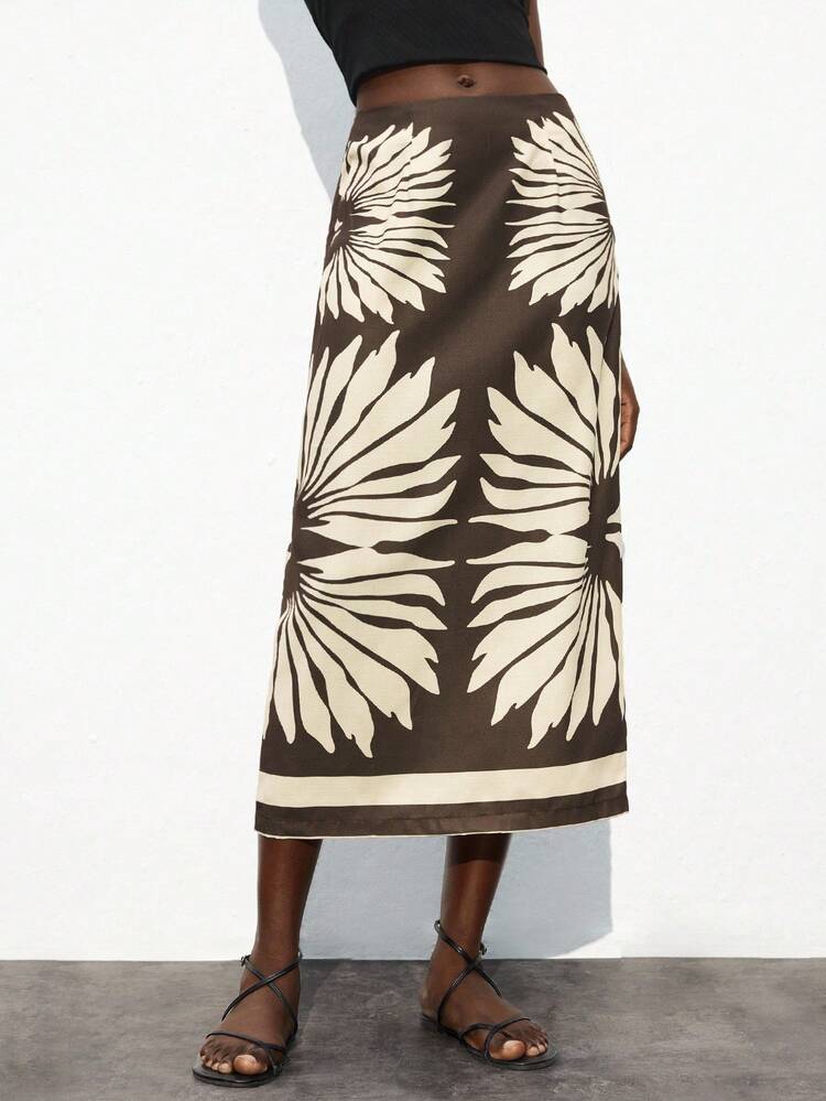 SHEIN Maija Women's Floral Print A-Line Skirt, High Waist Color Block Beach Holiday Bohemian Style Dress