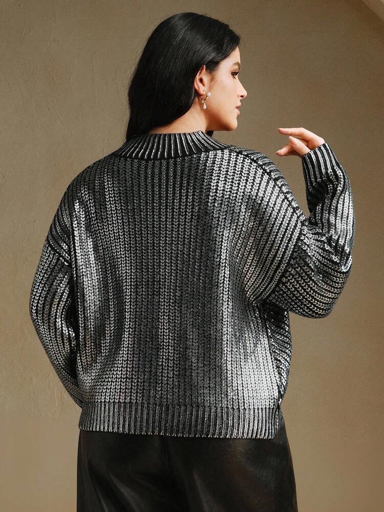 Elegant High-Neck Sweater With Embossed Gold Foil Accents, Suitable For Autumn, Fall, Winter, Going Out, Formal, Party, Chic, New Year, Christmas, Work, Graduation, Wedding