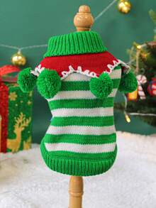 PETSIN 1pc Pet Green And White Striped Christmas Sweater, Cute Cats And Dogs Wearing Warm Autumn And Winter Clothes - Green and white stripes - View 5