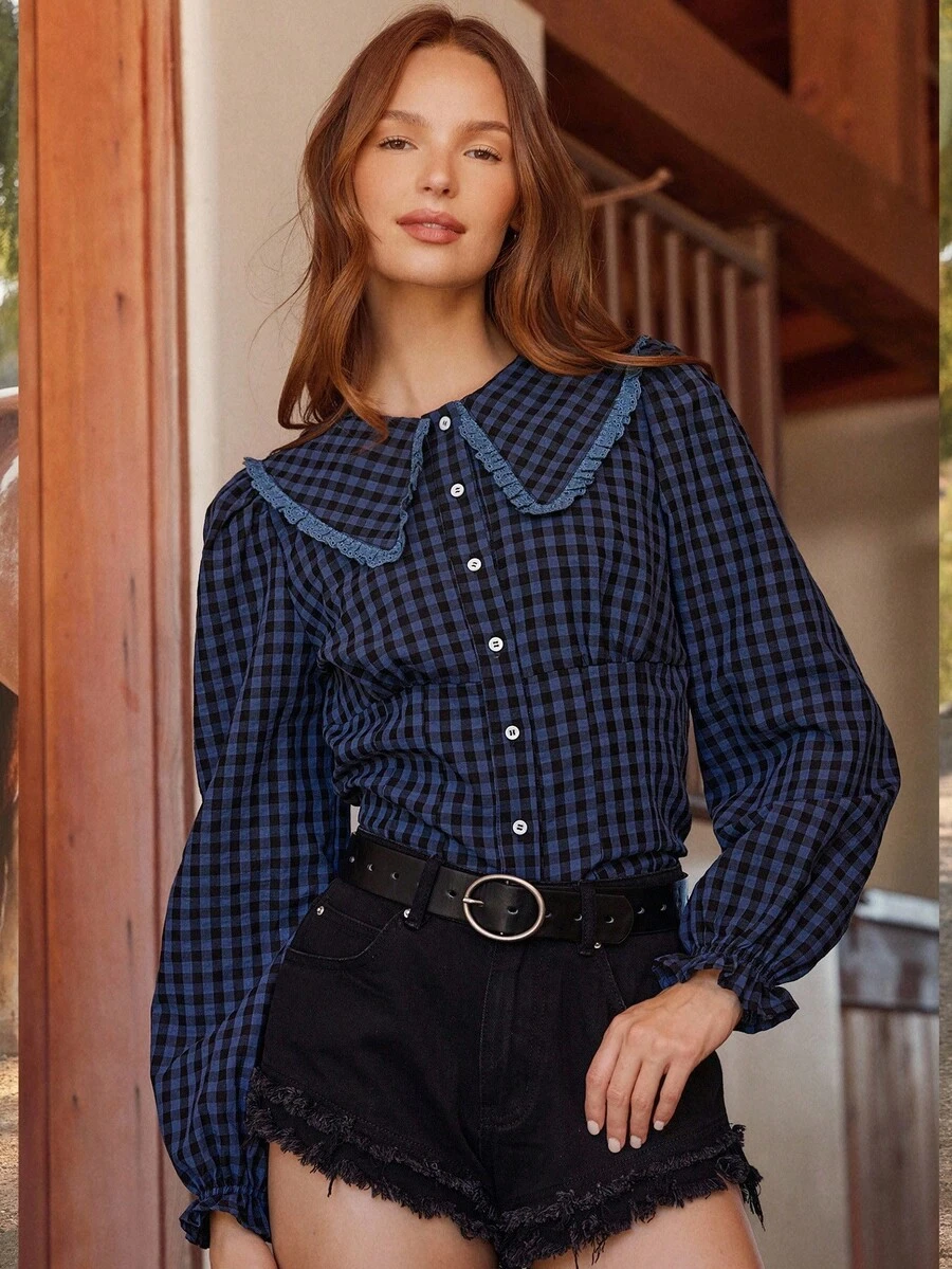 WESTFADE Gingham Ruffle Collar Button Front Fitted Long Sleeve Shirt Cute Fall Tops For Women Country Concert - Royal Blue - View 1
