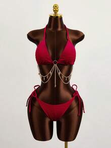 Zestiva Springbreak 纯色纹理吊带三角环金属链装饰文胸上衣和系带侧比基尼泳装套装 - 紅色 - 查看 5