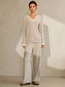 女士休闲纹理罗纹针织宽松两件套，秋冬 - 卡其色 - 查看 6