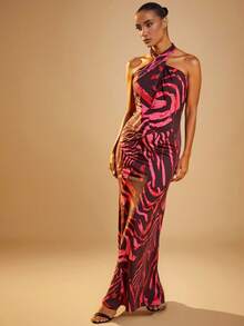 Hauture Animal Print Cross Halter Maxi Dress - Rust Brown - View 5