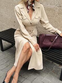 Elyressa Women's Fashion Lapel NeckSingle-Breasted Waist Belt Mid-Length Dress Fall Cloth For Women - Khaki - View 4