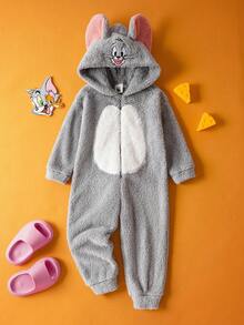 TOM & JERRY X SHEIN Young Boy Cute Cartoon Embroidered Coral Fleece Hooded Jumpsuit With 3D Ear Design Fall Winter