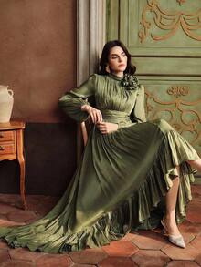 Anewsta 女式优雅 3D 花卉高领长灯笼袖荷叶边下摆高低连衣裙，秋季 - 綠色 - 查看 1