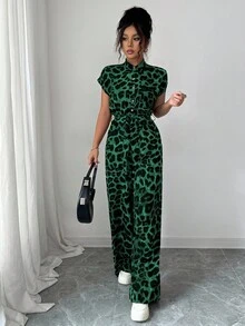 Chiquease Women's Elegant Stand Collar Open Front Short Sleeve Cinched Waist Wide Leg Jumpsuit Leopard Print Jumpsuit Green Jumpsuit Casual Jumpsuit Women Jumpsuit Green Leopard Jumpsuit