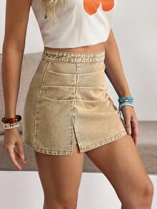 Breezaya Minifalda de mezclilla casual de mujer con abertura lateral y detalle de volantes