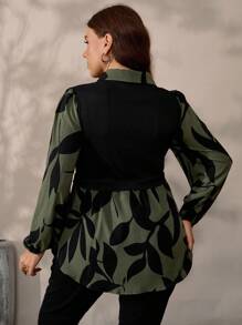 EMERY ROSE 大码女式黑色针织拼布花卉印花休闲套头衫，秋冬 - 軍綠色 - 查看 2