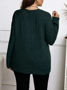 Elenzga Plus Size Casual Versatile Solid Color Long Sleeve T-Shirt Fall Cloth For Women - Dark Green - View 2