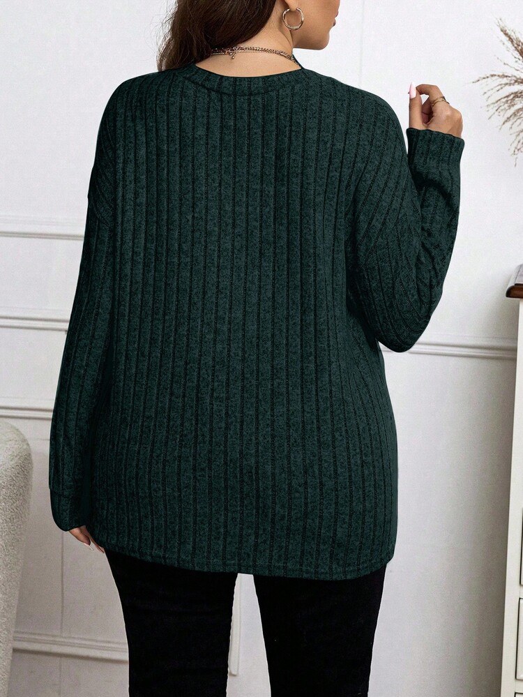 Elenzga Plus Size Casual Versatile Solid Color Long Sleeve T-Shirt Fall Cloth For Women - Dark Green - View 2