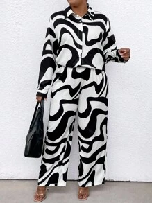 SHEIN LUNE 大尺碼拼色襯衫褲套裝 - 彩色 - 查看 5