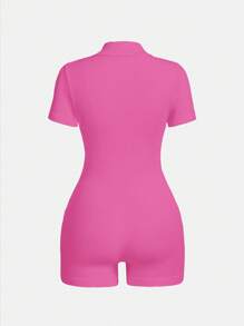 Ribbed Knit Jumpsuit With Half Zip - Fuchsia Pink - View 2
