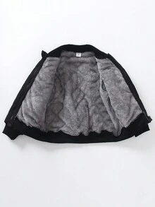 SHEIN Genkimix Kids 1 件年轻男孩休闲百搭黑色绗缝灰色羊毛菱形图案面料夹克，字母图案装饰，罗纹衣领、下摆和袖口，简约时尚个性化，适合 4-7 岁男孩日常秋冬休闲装返校 - 黑色 - 查看 6