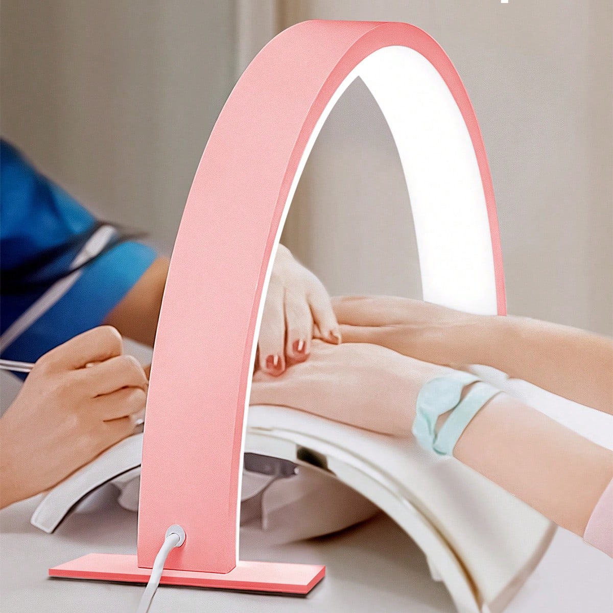 Small Crescent Shape Countertop LED Manicure Lamp With Push Button Switch For Personal Use On Manicure, Vanity, Crafts, Study Table, Nightstand, Graduation Birthday Holiday, Pink