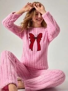 Loomlin 女士毛绒泰迪熊两件套蝴蝶结刺绣细节长袖衬衫和睡裤家居服睡衣套装 - 粉色 - 查看 6