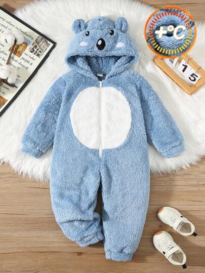 SHEIN Söt och bekväm jumpsuit med broderat 3D-djurmotiv för små pojkar, termofodrad och tjock för höst/vinter