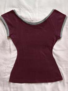 女士字母印花圆领简约T恤 - 中紫紅色 - 查看 2