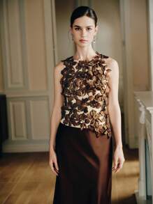 Anewsta Áo ba lỗ không tay họa tiết hoa 3D màu nâu mới dành cho nữ - màu nâu - Xem 5