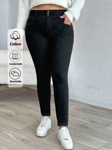 RueChic 97% CottonWOMEN PLUS SIZE SKINNY HIGH WAIST JEANS - Black - View 1