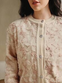 Anewsta 大码女式秋季二合一3D蕾丝花卉长袖单排扣针织开衫 - 粉色 - 查看 1