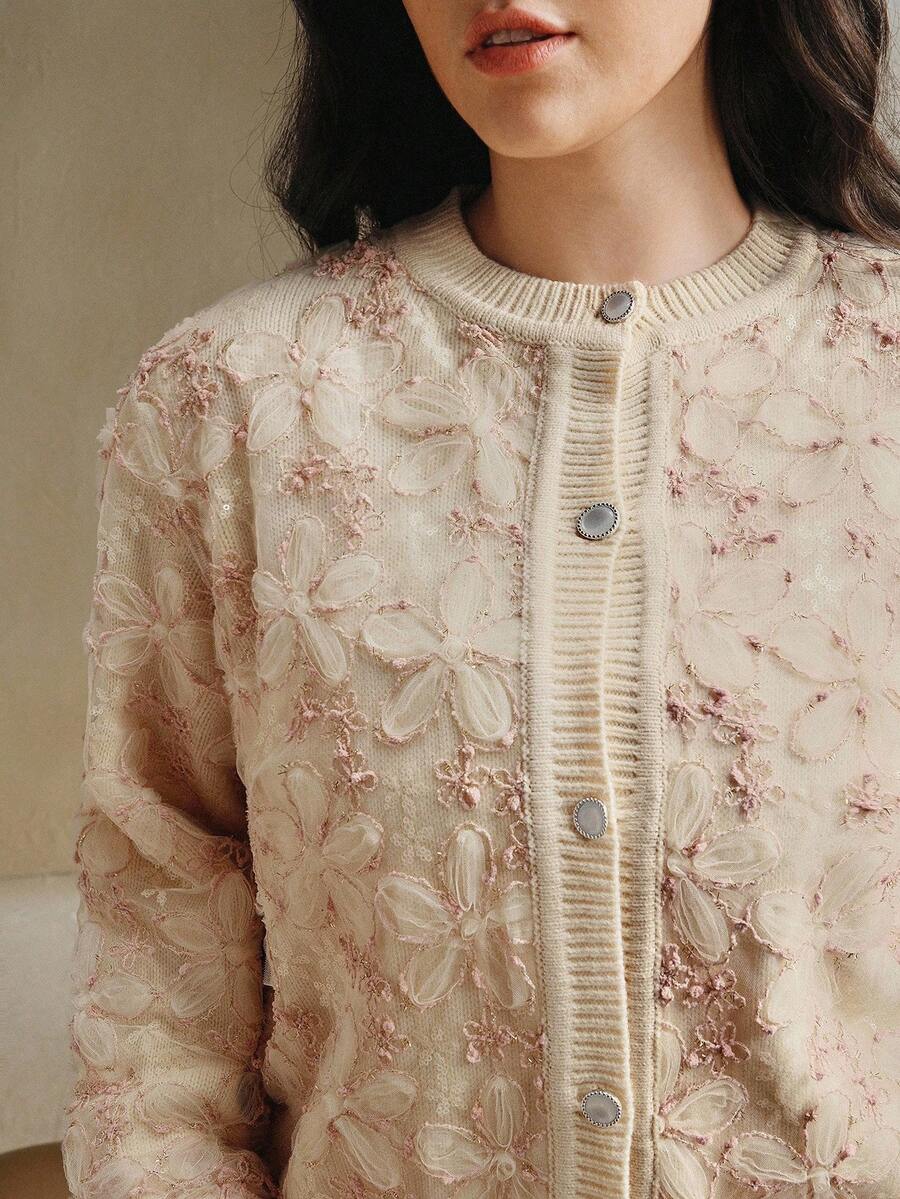 Anewsta 大码女式秋季二合一3D蕾丝花卉长袖单排扣针织开衫 - 粉色 - 查看 1