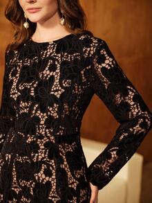 Anewsta 女士长款花卉蕾丝优雅连衣裙，时尚春秋 - 黑色 - 查看 6