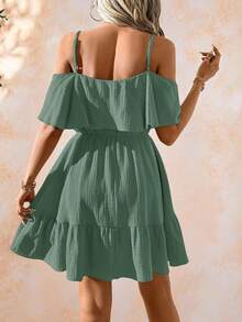 Amorya Vestido Camisole Elegante e Romântico Feminino de Tecido de Chiffon Texturizado Verde Sólido com Ombros à Mostra e Bainha Franzida, Primavera/Verão Férias