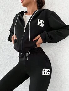 EURMUSE Cotton Letter Graphic Zip Up Bomber Jacket & Drawstring Waist Sweatpants - Black - View 3