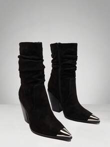 Solezae Botas de tacón de bloque de punta sexy de mujer sintético hasta la pantorrilla y caídas - Negro - Ver 6