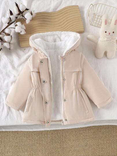 SHEIN Vintaside Kids Toddler Girls' Khaki Cute Face Hooded Comfortable Fashion Casual Padded Coat, Autumn/Winter Fall
