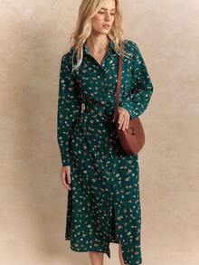 Écloséra 时尚休闲法式复古碎花衬衫领腰带装饰长袖春秋女装 - 墨綠色 - 查看 4