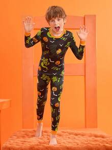 GARFIELD | SHEIN 青少年男孩黑色卡通蝙蝠猫和南瓜印花舒适睡衣套装，适合秋冬季节、万圣节 - 黑色 - 查看 7