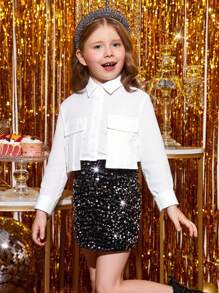 Young Girl Solid Color Woven Crop Shirt With Dual Pockets, Casual,Great For Casual & Daily Wear & School Daily - Apricot - View 6