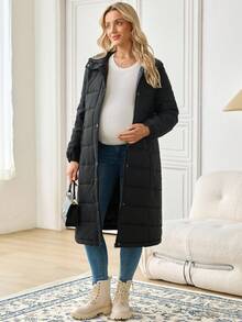 SHEIN 孕妇纯色长袖拉链长款连帽休闲冬季夹克 - 黑色 - 查看 8