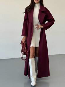 Aloruh 双排扣系腰长款大衣，纯色，适合秋冬季节穿着。 - 中紫紅色 - 查看 4