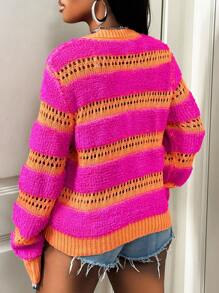 BamGleam Women's Long Sleeve Single-Breasted Casual Hollow Striped Knit Cardigan Fall Winter Cloth For Women