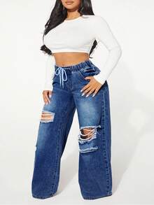 SHEIN SXY Große Größen Lässig Verwaschen Destroyed Weite Bein Jeans