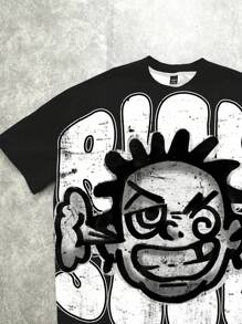 SHEIN 街头涂鸦艺术家肖像，涂鸦人物，街头风格，我是富人，朋克，嘻哈，酷，家伙，说唱歌手。青少年男孩休闲简约短袖圆领 T 恤，适合夏季 - 彩色 - 查看 5