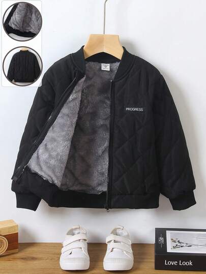 SHEIN 1pc Young Boy Casual Black Quilted Grey Fleece Diamond Pattern Jacket,Letter Graphic Decor,Ribbed Collar,Hem&Cuffs,Stylish Winter Coat For 4-7Y Boys