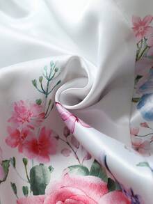 Ellevyn Multicolor Plus Size Woven Fabric Tie Neck Blouse And Plants Pattern Skirt Outfit - Multicolor - View 11