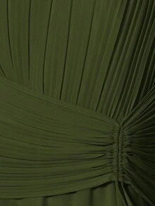 Aveloria Rosie Neues elegantes französisches Stil würdevolle Qualität Vintage Luxus hochwertige einfarbige Chiffon Rundhals Plissee asymmetrisches Raffung Taille Design ausgestelltes Damen Maxikleid mit Langarm - Dunkelgrün - Übersicht 7