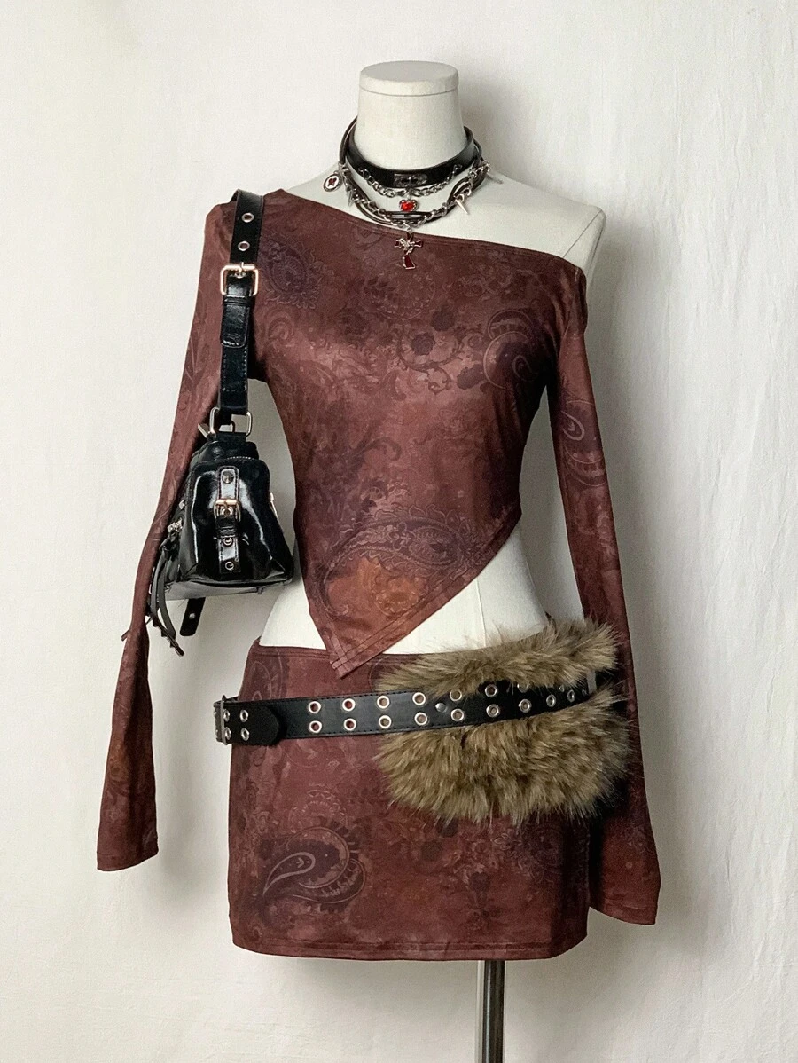 SHEIN Unity Conjunto de 2 piezas con blusa de manga larga con cuello asimétrico y estampado floral burdeos + falda mini con abertura - Burdeos - Ver 1