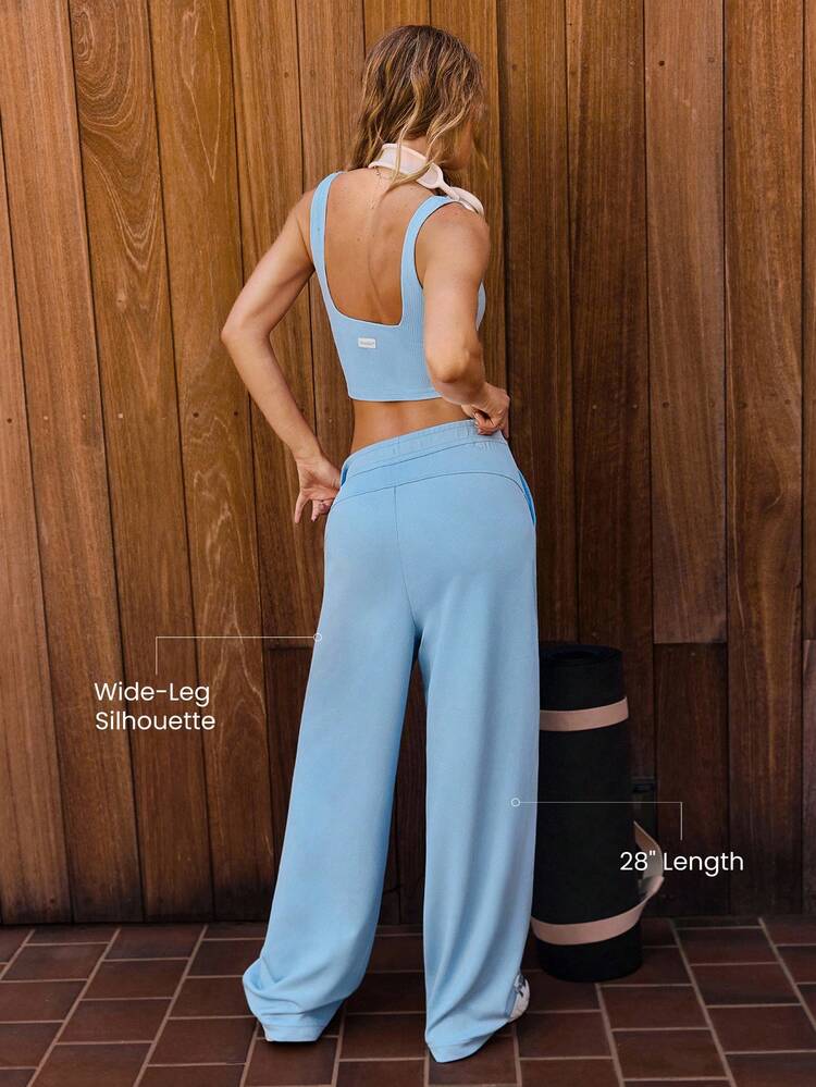 Modal Ribbed Wide-Leg Built-In Adjustable Drawstring Waist Active Pants With Side Pockets Daily Casual Wear  Spring Summer