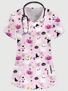 PopScrub Đồng phục y tá/bác sĩ làm việc/kiểm tra sức khỏe phẫu thuật/đồng phục làm việc chải chuốt cho thú cưng màu trơn/đồng phục làm việc cho chuyên gia dinh dưỡng Đồng phục phòng thí nghiệm chức năng tay ngắn/nhiều túi, trang phục ngày lễ chức năng cho nữ, áo nữ, áo nữ mùa hè, áo nữ Halloween - Hồng - Xem 1