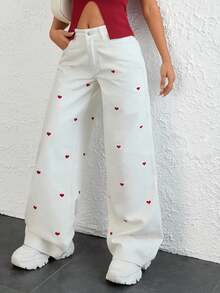 EURMUSE WOMEN WIDE LEG LOW WAIST HEART EMBROIDERY DETAIL JEANS - White - View 7