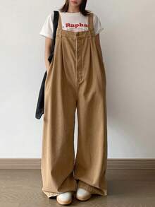 Bộ đồ liền thân denim ống rộng rộng rãi, màu kaki, có túi, dáng rộng, dáng rộng, phong cách công sở, trang phục dạo phố dự tiệc trở lại trường cho bé gái tuổi teen - Màu Khaki - Xem 1